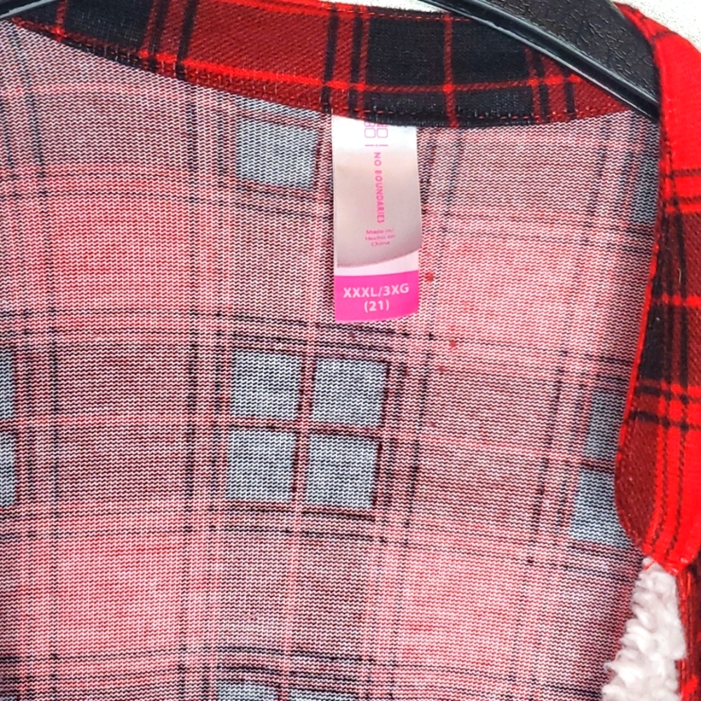 No Boundaries Red and Black Plaid Sherpa-Lined Open Cardigan - Picture 3 of 3